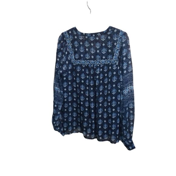 Lucky Brand Blue Long Sleeves Notch Neck Border Print Blouse - Picture 11 of 15